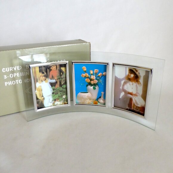 NEW 13” x 7” CURVED BEVELLED SILVER & GLASS COLLAGE PHOTO FRAME - Picture 1 of 12